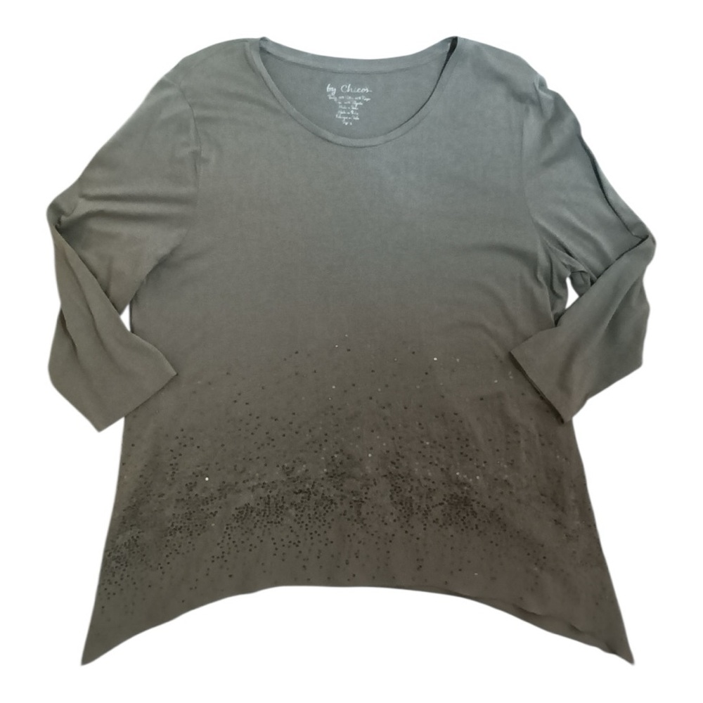 Chico's Sage Green Embellished Sequin Sharkbite Hem Top Size 2, Large